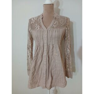 Daytrip Medium Women Mauve Lace Yoke Button Up Tunic Top Long Sleeve Boho